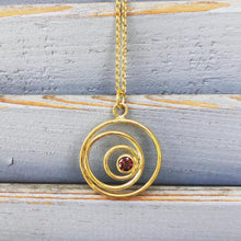 Load image into Gallery viewer, "Three Faces Of The Moon" Pendant in gold plated silver with red garnet